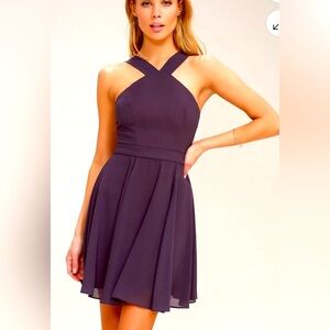 Lulus Forevermore Dusty Purple Skater Halter Top Flared Mini Dress Women’s Large